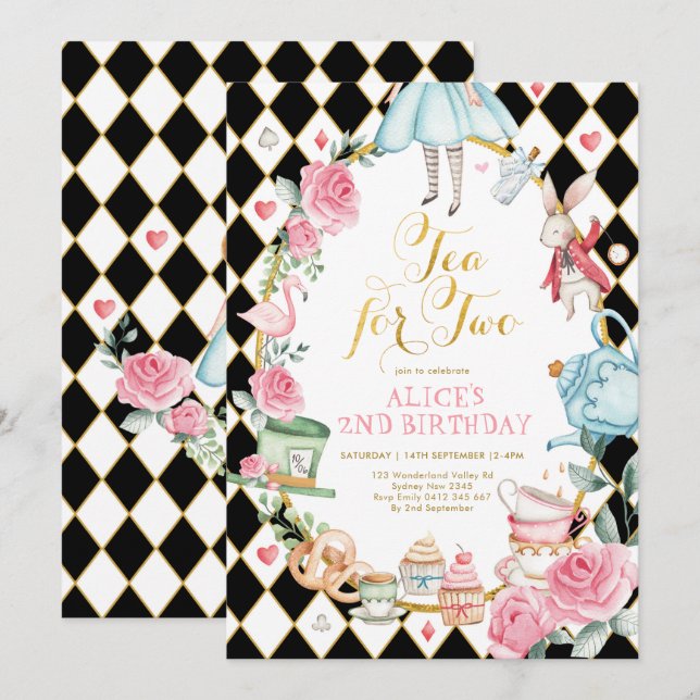 Alice i Wonderland Tea för 2:a födelsedagen Party Inbjudningar (Fram/baksida)