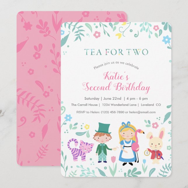 Alice i Wonderland Tea för två födelsedag Inbjudningar (Fram/baksida)