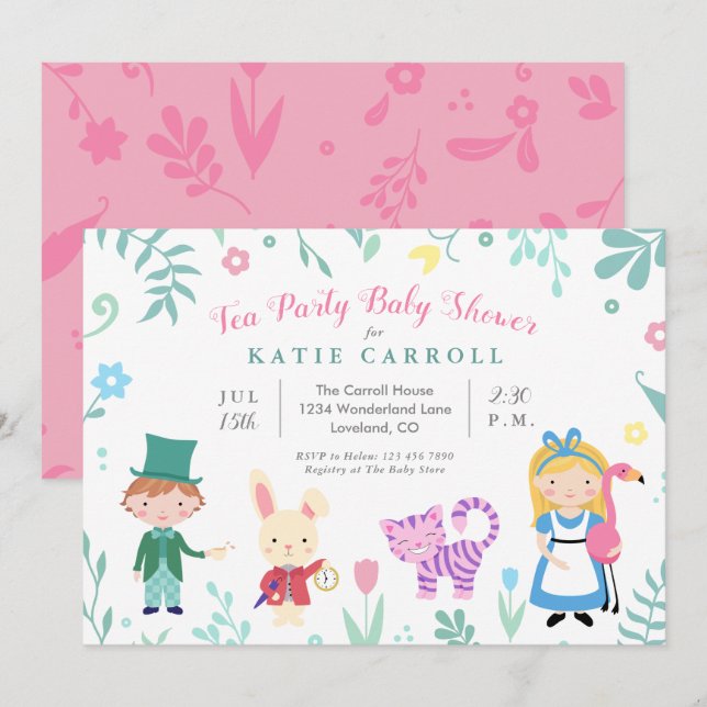 Alice i Wonderland Tea Party Baby Shower Inbjudningar (Fram/baksida)