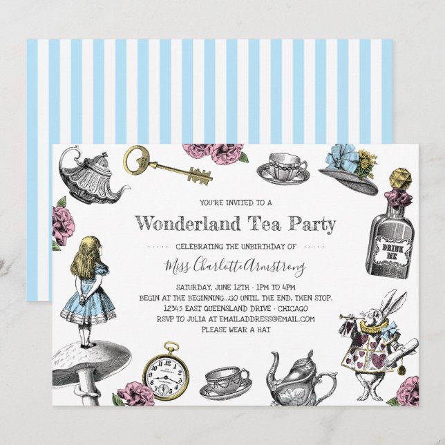 Alice i Wonderland Tea Party Blue Rand Inbjudningar (Fram/baksida)