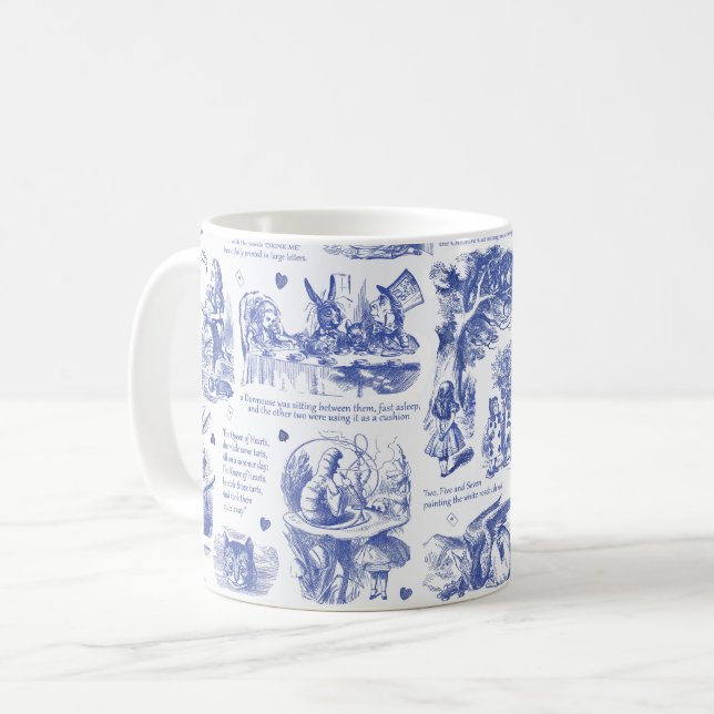 Alice i Wonderland Tea Party Blue Toile-citat Kaffemugg (Framsida vänster)