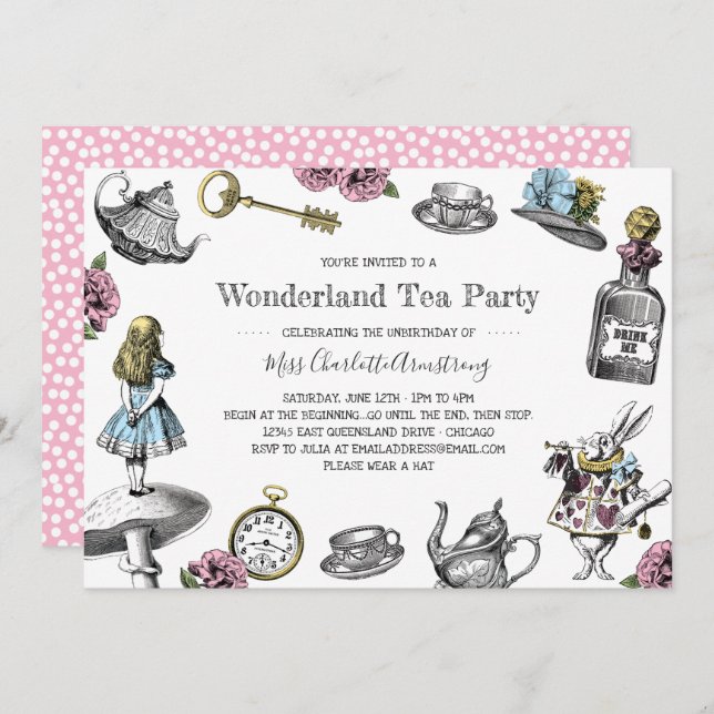 Alice i Wonderland Tea Party Polka dots Inbjudningar (Fram/baksida)