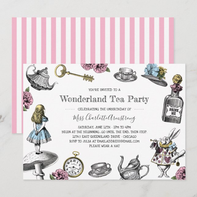 Alice i Wonderland Tea Party Rand Inbjudningar (Fram/baksida)