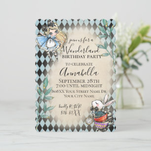 Alice i Wonderland Theme med vit kanin Inbjudningar