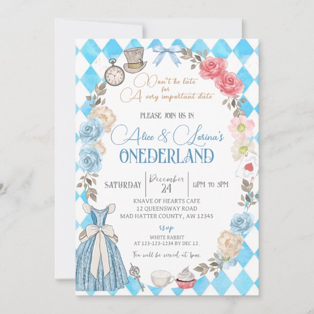 Alice i Wonderland, Twin Girls 1st Birthday Tea Inbjudningar (Framsida)