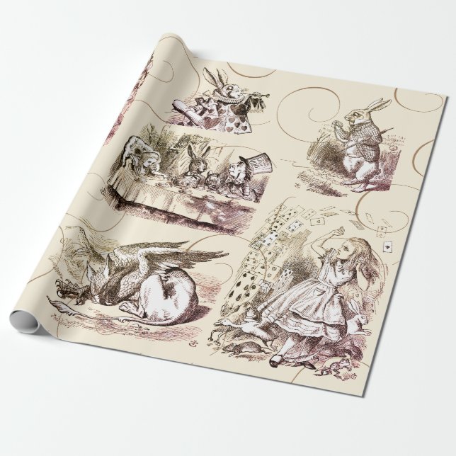 Alice i Wonderland Vintage Beige Guld Presentpapper (Utrullad)