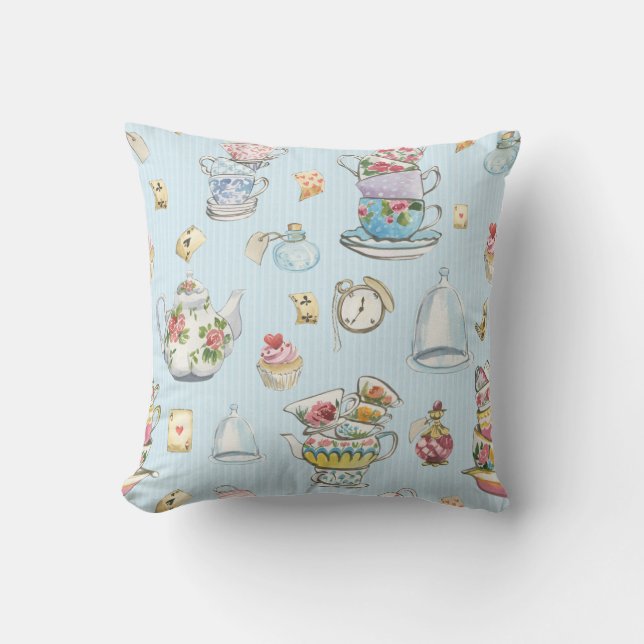 Alice i Wonderland Watercolor Blue Ticking Rand Kudde (Framsida)