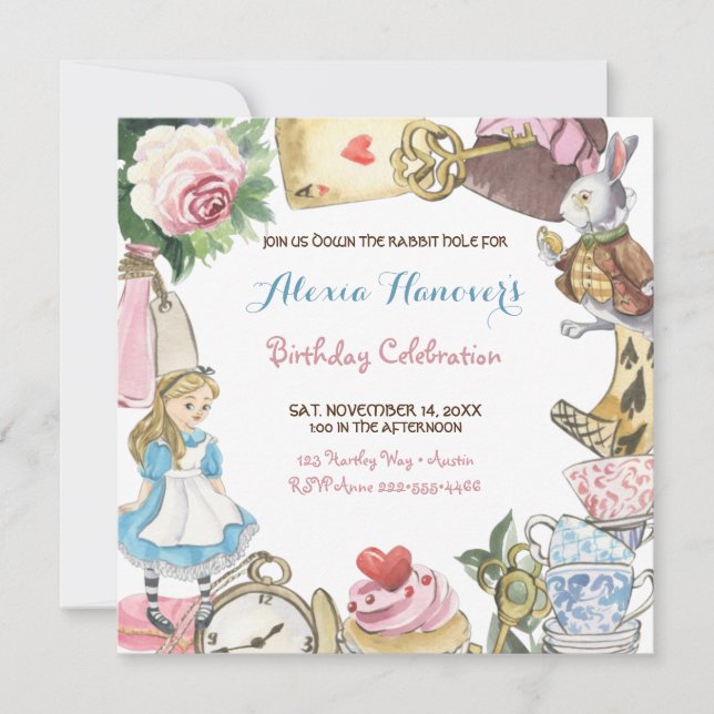 Alice i Wonderland Watercolor Hand målade kanin Inbjudningar (Framsida)