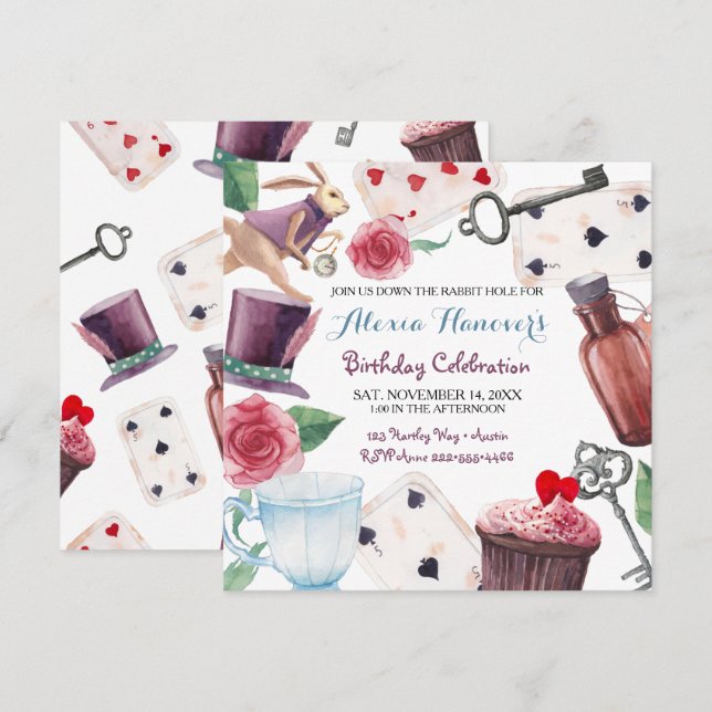Alice i Wonderland Watercolor Hand målade kanin Inbjudningar (Fram/baksida)