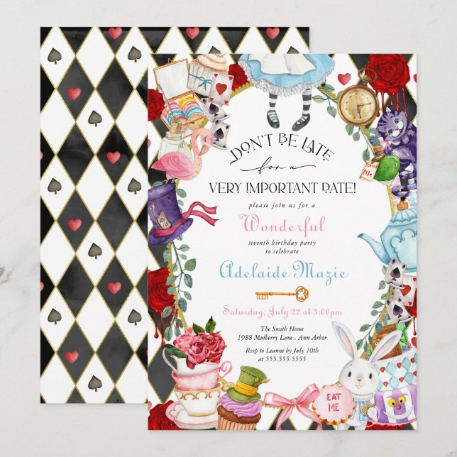 Alice i Wonderland Whimsical Children's Birthday Inbjudningar (Fram/baksida)