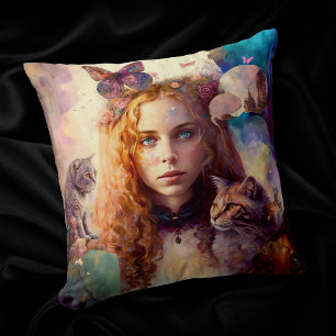 Alice i Wonderland Whimsical Dreamy Cat Lover Kudde