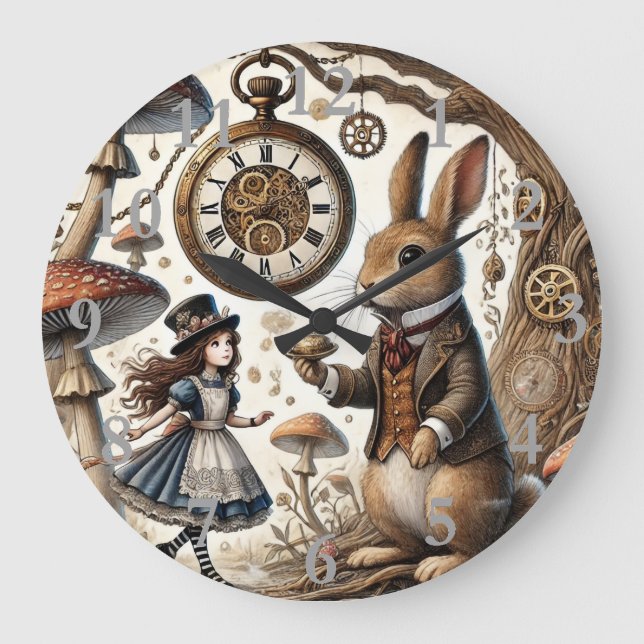 Alice i Wonderland White Rabbit tea Art Stor Klocka (Framsida)