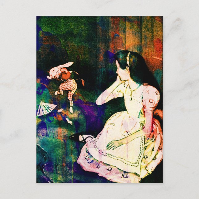 Alice i Wonderland & White Rabbit Watercolor Vykort (Framsida)