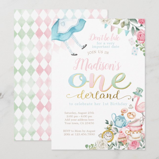 Alice in ONEderland 1st Birthday Inbjudningar (Fram/baksida)