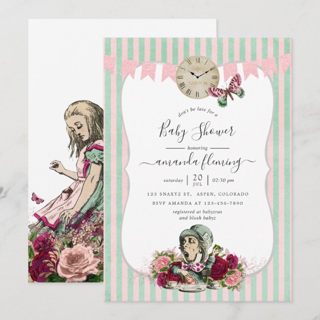 Alice in Wonderland Baby Shower Inbjudningar (Fram/baksida)