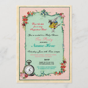 Alice in Wonderland Baby Shower Rosa Investigation Inbjudningar
