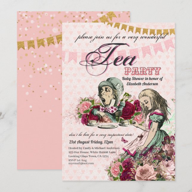Alice in Wonderland BabyShower MadHatter Tea Party Inbjudningar (Fram/baksida)