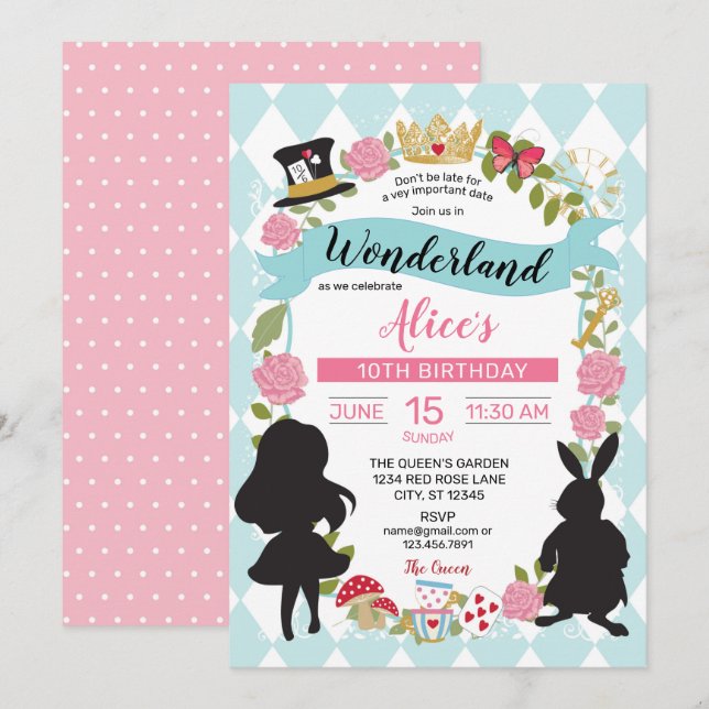 Alice in Wonderland Birthday bjudande Blue/Rosa Inbjudningar (Fram/baksida)