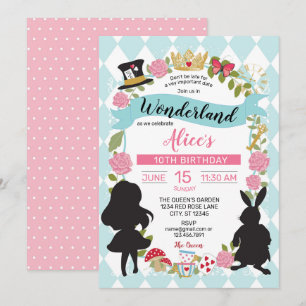 Alice in Wonderland Birthday bjudande Blue/Rosa Inbjudningar