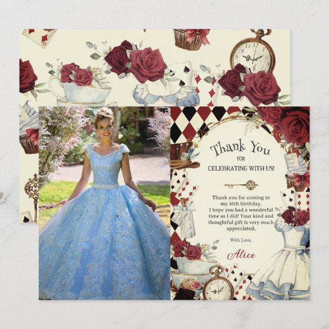 Alice in Wonderland Floral Sweet 16 Bridal Photo Tack Kort (Fram/baksida)