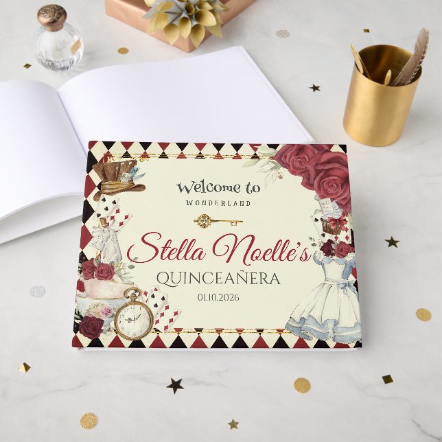 Alice in Wonderland Quinceanera Birthday Bridal Gästböcker (Framsida Öppen)