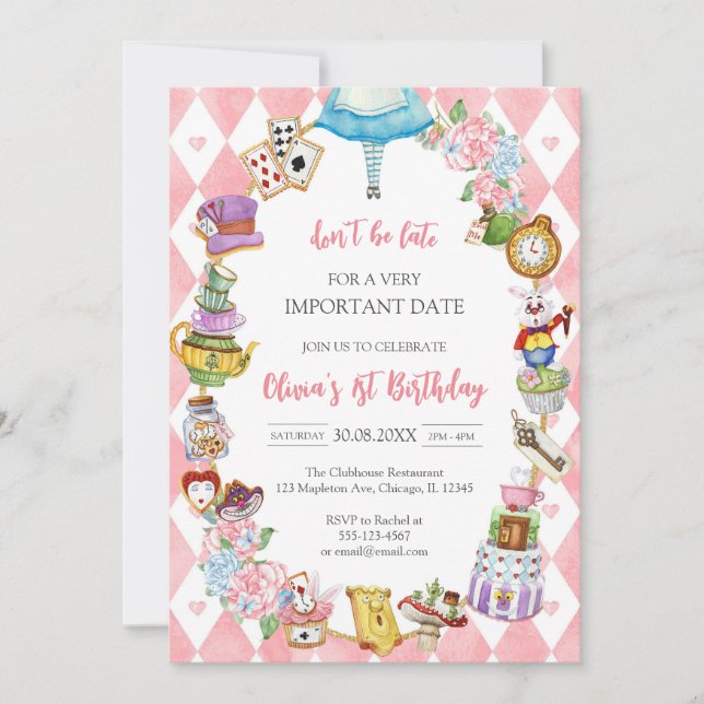 Alice in Wonderland Tea Party Birthday Invitation Inbjudningar (Framsida)