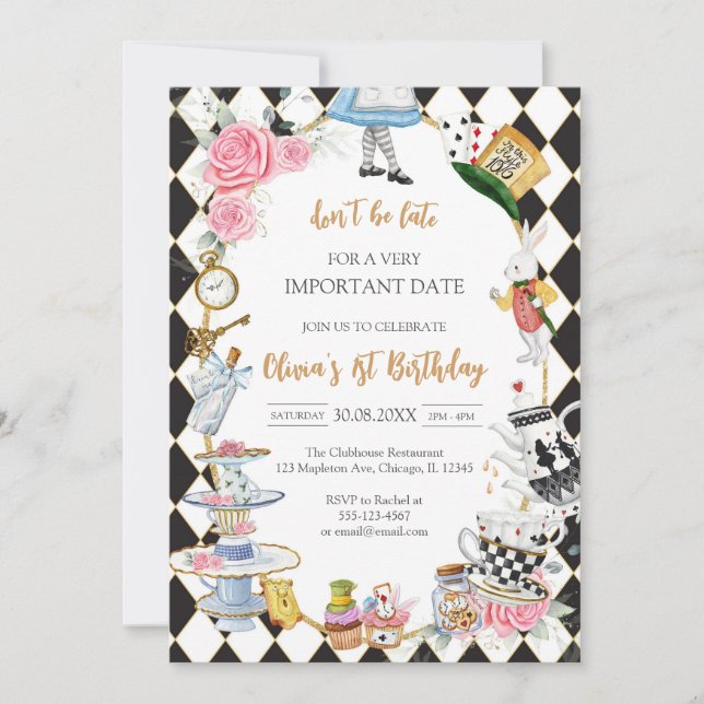 Alice in Wonderland Tea Party Birthday Invitation Inbjudningar (Framsida)