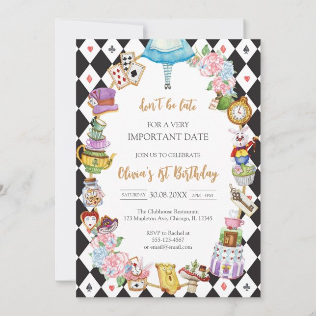 Alice in Wonderland Tea Party Birthday Invitation Inbjudningar (Framsida)