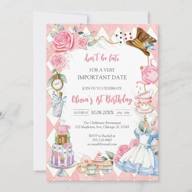 Alice in Wonderland Tea Party Birthday Invitation Inbjudningar (Framsida)