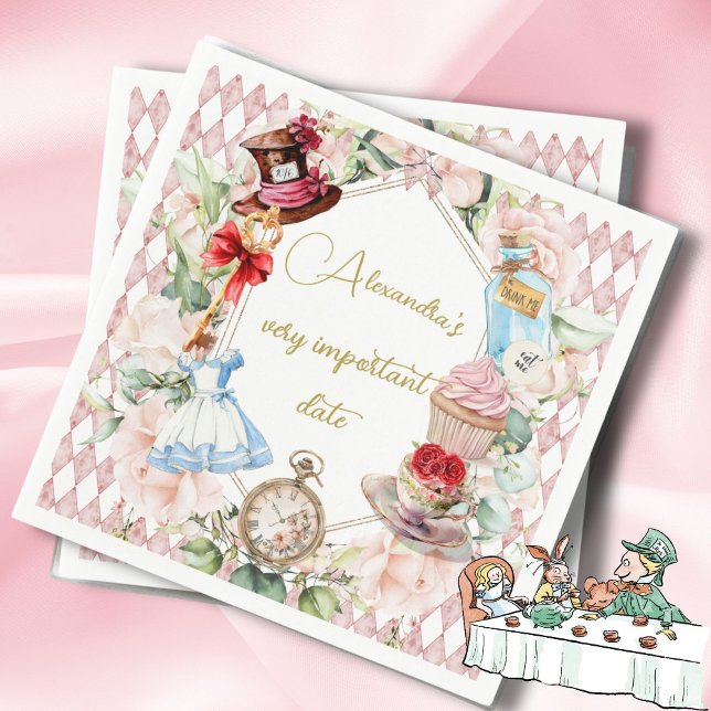 Alice in Wonderland Theme Blommigt Rosa Personal Pappersservett (Skapare uppladdad)