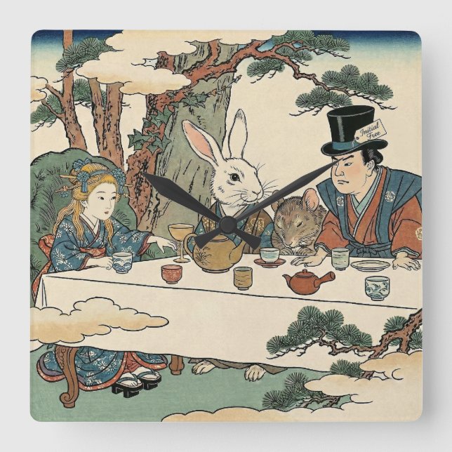 Alice Lost in Japan | Ukiyo-e Mad Tea Party Fyrkantig Klocka (Framsida)