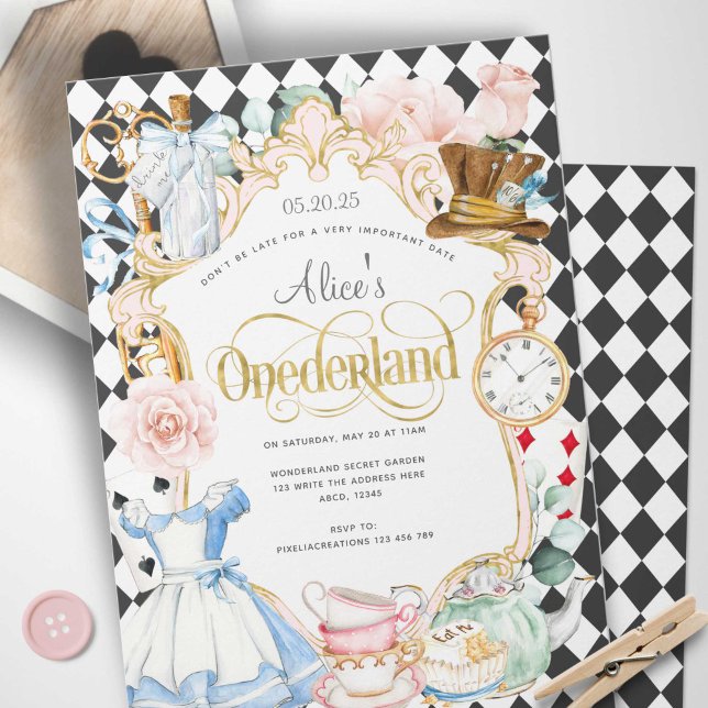 Alice mad hatter wonderland tea party 1:a födelsed inbjudningar (Alice Onederland, Girl 1st birthday invitation.)
