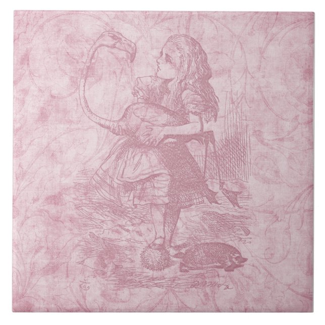 Alice med Flamingo Alice i Wonderland Blommigt Art Kakelplatta (Framsidan)