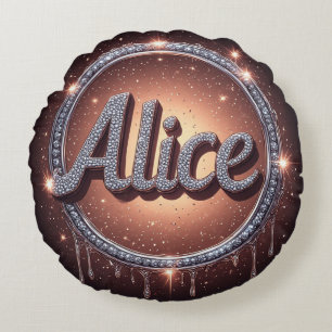 Alice Namn Diamant Logotyp Märke i Gnistrande Smyc Rund Kudde
