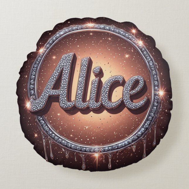 Alice Namn Diamant Logotyp Märke i Gnistrande Smyc Rund Kudde (Framsidan)