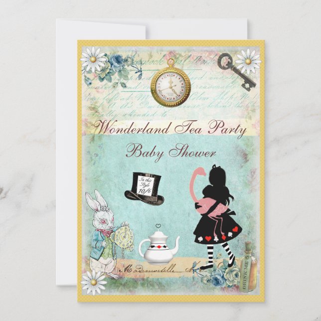 Alice och Flamingo Wonderland Baby Shower Tea Part Inbjudningar (Framsida)