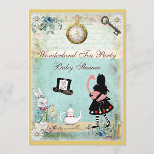 Alice och Flamingo Wonderland Baby Shower Tea Part Inbjudningar
