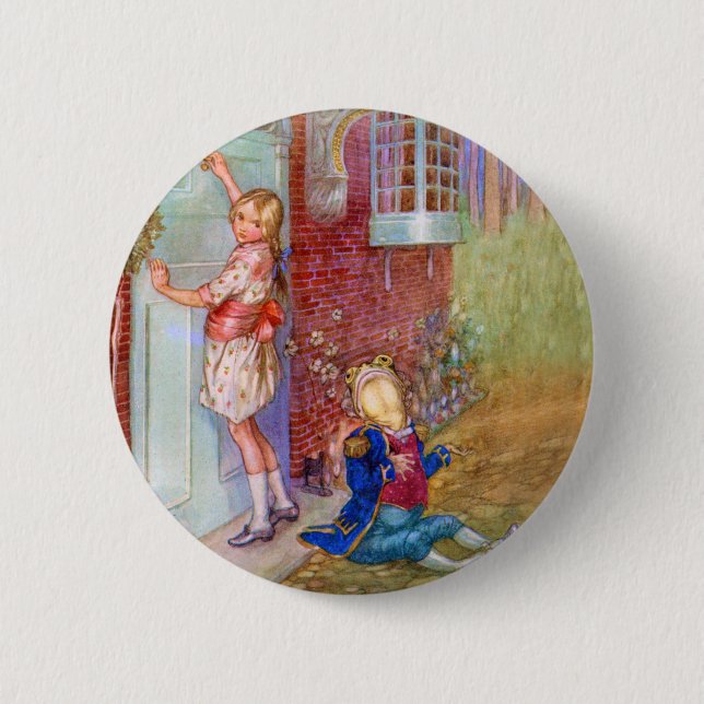 Alice och grodfotaren vid Duchess dörr Knapp (Framsida)