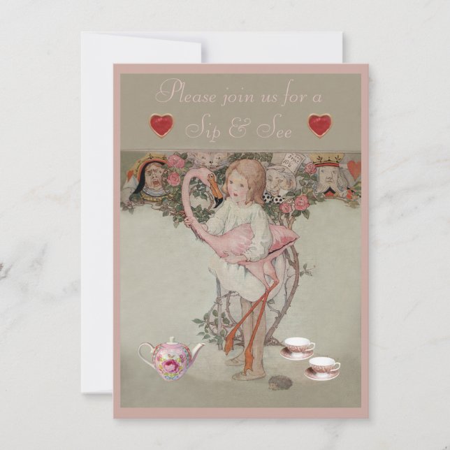 Alice och Rosa Flamingo Sip och se Babyskor Inbjudningar (Framsida)