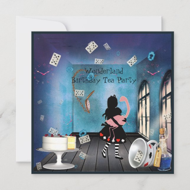 Alice och Rosa Flamingo Wonderland Födelsedagsfest Inbjudningar (Framsida)