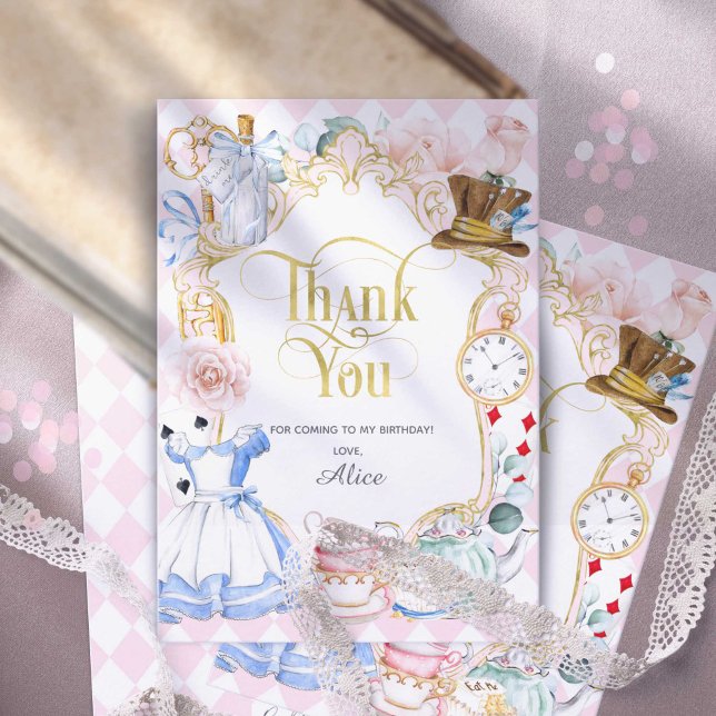 Alice Onederland, Mad hatter, flicka 1 år Tack Kort (Pink, Alice in Wonderland, girl 1st birthday thank you cards)