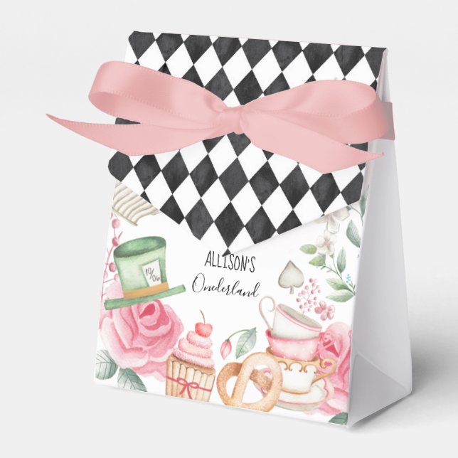 Alice Onederland Mad Tea Party Girl First Birthday Presentaskar (Framsidan Sidan)