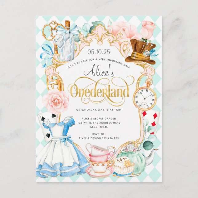 Alice Onederland tea party Flicka inbjudan (Framsida)