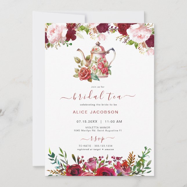ALICE Röda Blommor Bröllops Tea Party Brunch Showe Inbjudningar (Framsida)