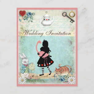Alice, Rosa Flamingo och Cheshire Cat Bröllop Inbjudningar