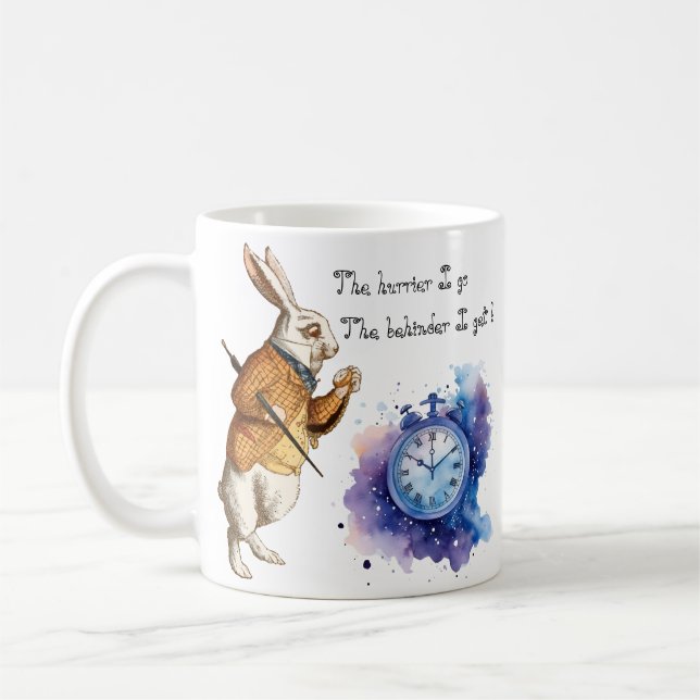 Alice, vit kanin, hurrier jag går kaffemugg (Vänster)