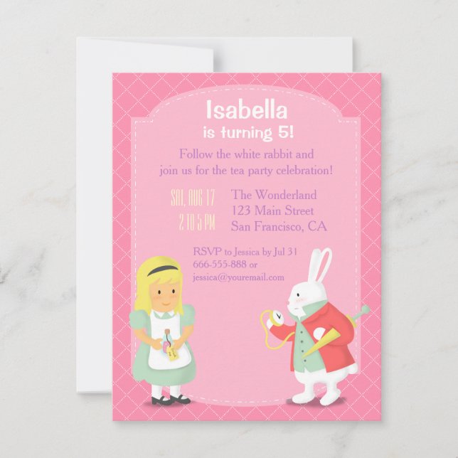 Alice White Rabbit Wonderland Födelsedagsfest Inbjudningar (Framsida)