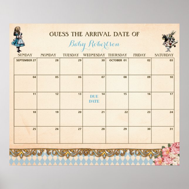 Alice Wonderland Baby Guess Due Date Calendar Poster (Framsidan)