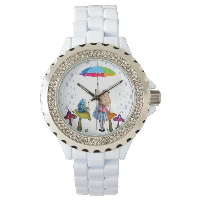 Alice Wonderland, Rhinestone White Enamel Armbandsur (Framsida)