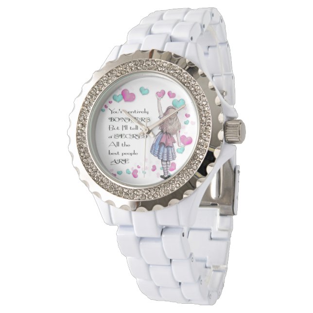 Alice Wonderland, Rhinestone White Enamel Armbandsur (Vinklad)